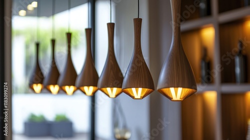 A row of pendant fixtures lighting up a trendy bar area. photo