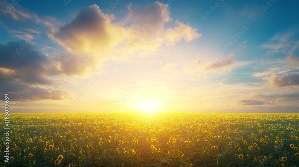 Obraz premium Sunflowers Field at Golden Sunset Landscape