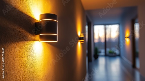 A functional wall fixture with lights illuminating a hallway. photo