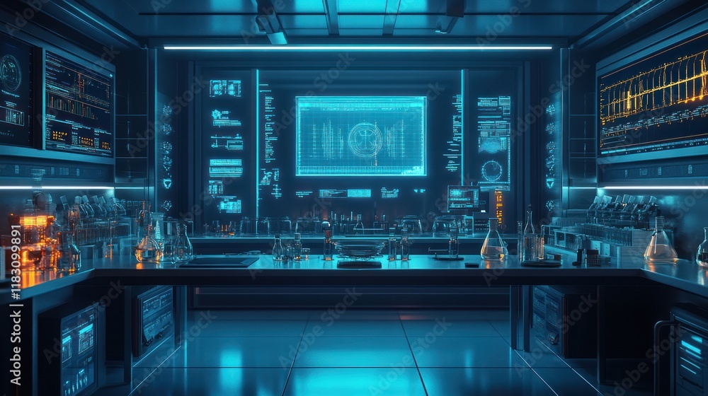 Futuristic science lab interior with high-tech equipment and monitors displaying data. Futuristic science lab interior with high-tech equipment and monitors displaying data.