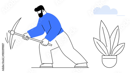 Man wielding a pickaxe, striking the ground near a potted plant and a floating cloud. Ideal for concepts of hard work, agriculture, growth, determination, nature conservation, effort, manual labor