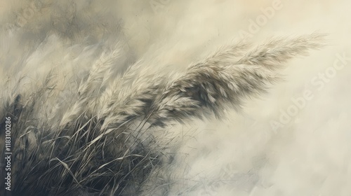 Pampas grass blowing in the wind, hazy background.