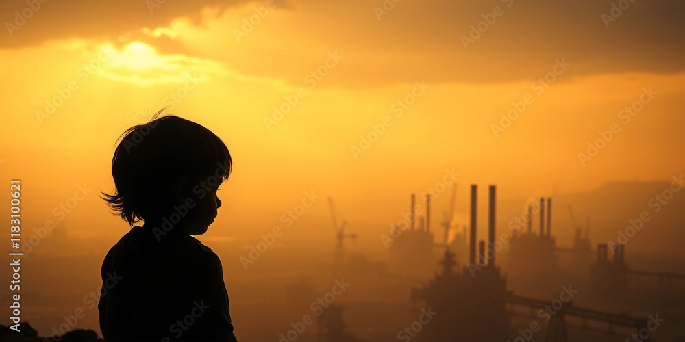 Fototapeta premium Child Standing In From Of A Bleak Industrial Landscape At Sunset.