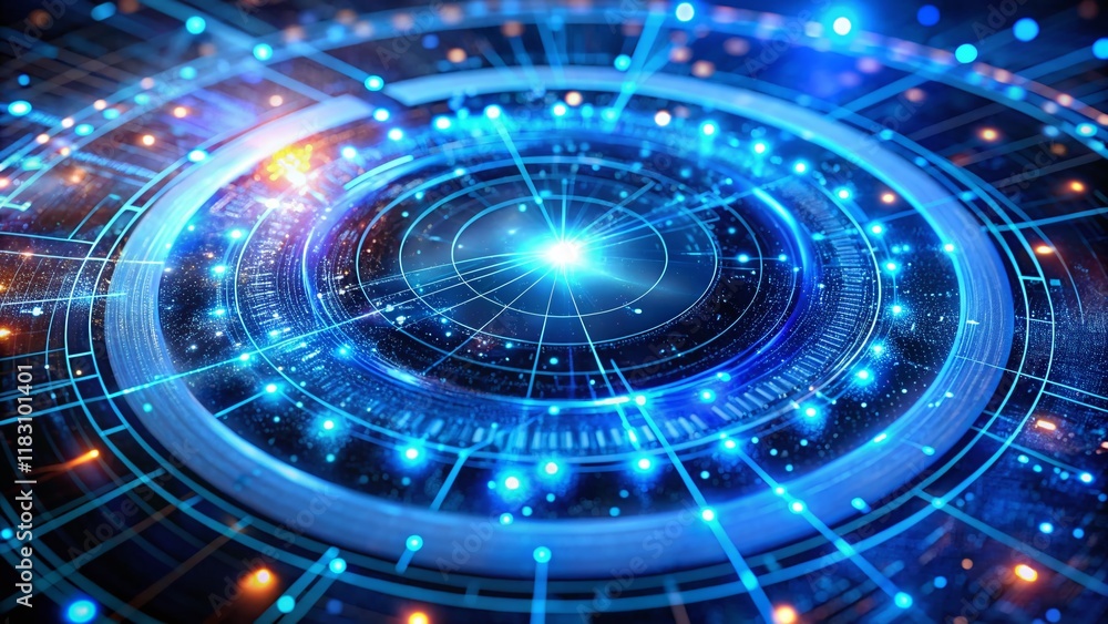 Macro Blue Hologram Circle Digital Data Network Interface - Futuristic Tech Stock Photo Macro Blue Hologram Circle Digital Data Network Interface - Futuristic Tech Stock Photo