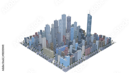 都市景観 高層ビル群 道路 交通 車両 太陽 光線 アイコン 抽象的 3DCG CGレンダリング画像