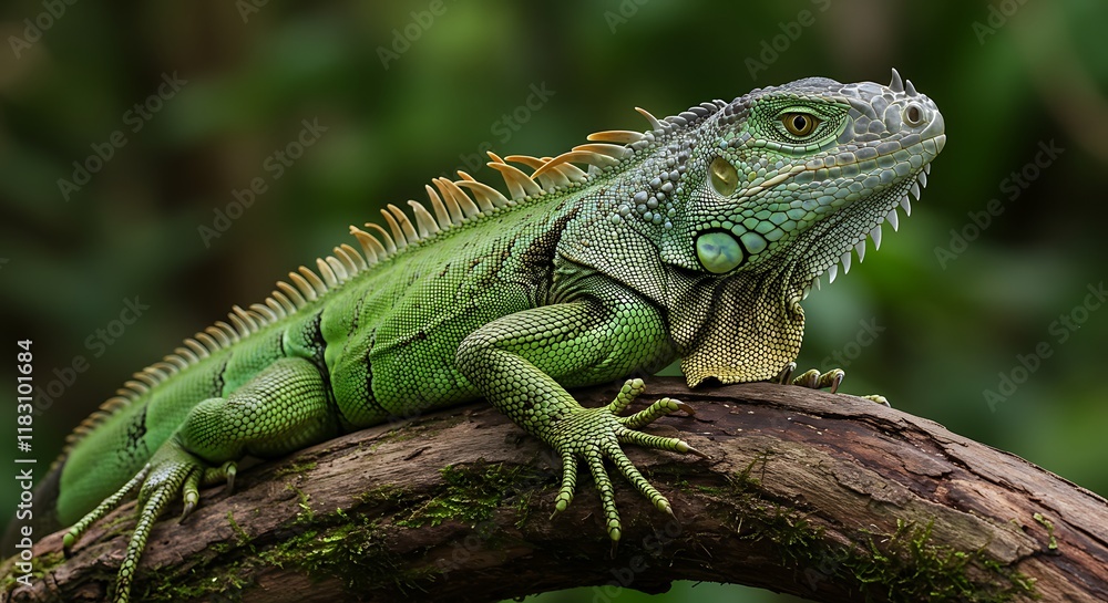 Green Iguana Lizard on Branch Wildlife Reptile Nature Green Iguana Lizard on Branch Wildlife Reptile Nature