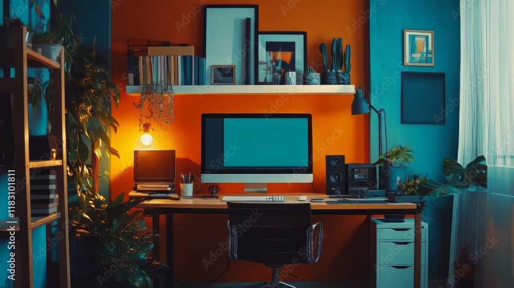 a wide room with desk ( 1 monitor ), objects related to communication a wide room with desk ( 1 monitor ), objects related to communication