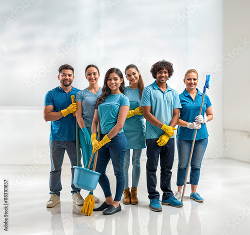 Cheerful men and women, cleaners are ready to provide their services.