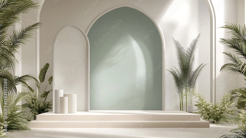 Fototapeta premium Minimalist Archway Setting With Plants and Platforms