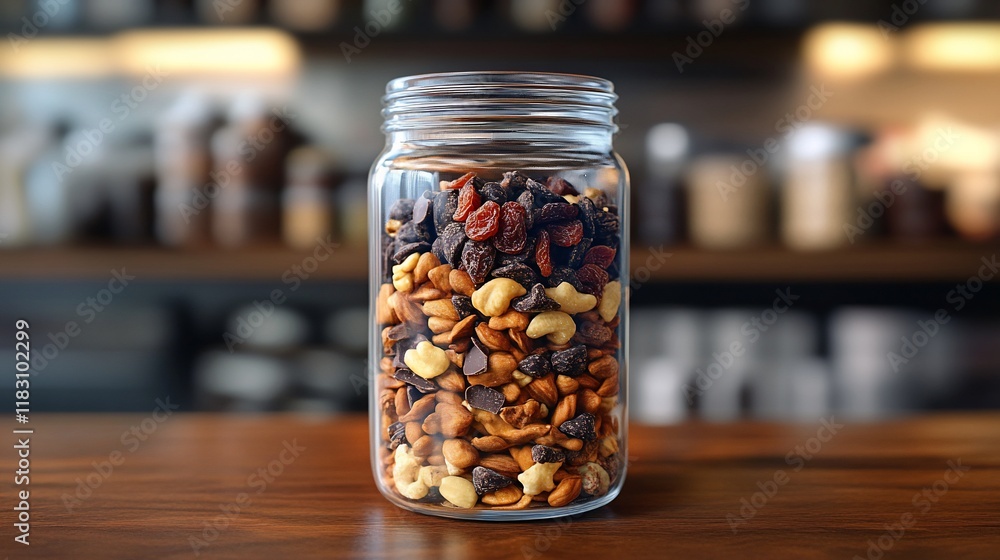 Trail mix in jar on cafe counter Trail mix in jar on cafe counter