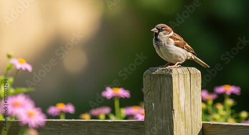 House Sparrow on Wooden Fence Post Spring Flowers Background