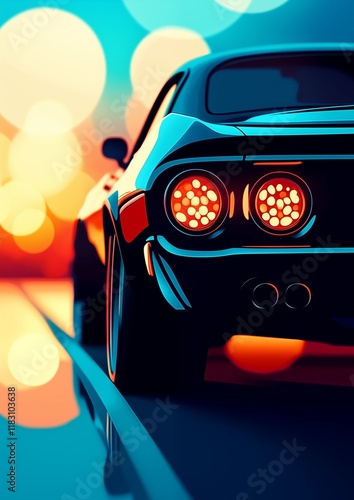 Retro Sports Car with Vibrant Bokeh Lights