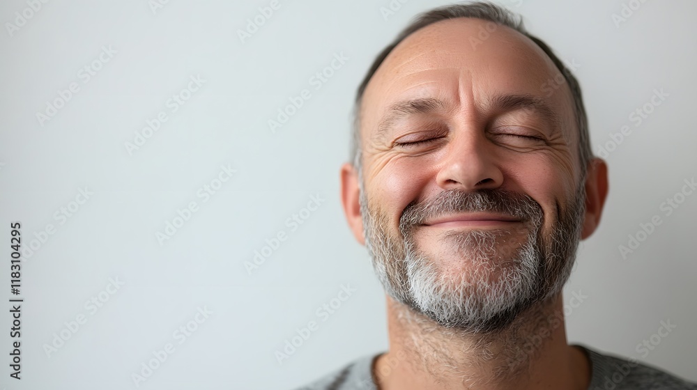 Obraz premium A man smiling in contentment, eyes half-closed and a gentle smile, set against a plain white background