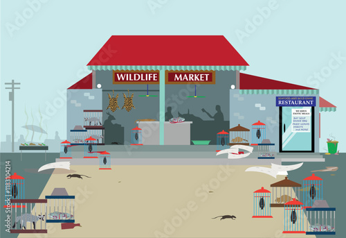 Wildlife Market with exotic restaurant concept. Editable Clip Art.