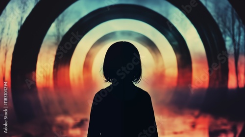 Silhouette with Colorful Rings and Surreal Sunset