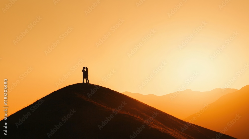 A couple standing on a hillside with the sun in the background A couple standing on a hillside with the sun in the background