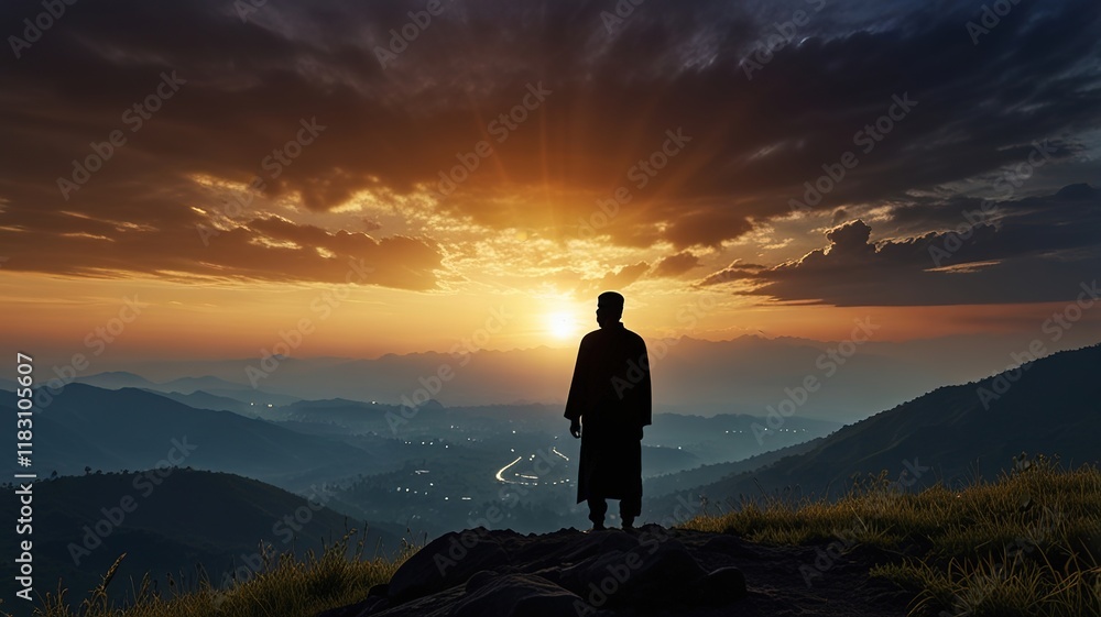 Obraz premium Silhouette of a human pray to the Allah on hill