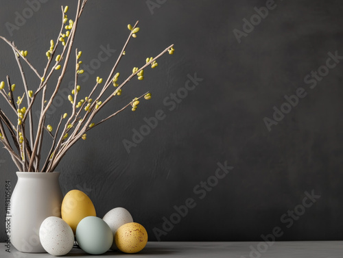 Spring Decor with Yellow Buds and Colorful Easter Eggs in Minimalist Vase