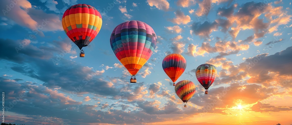 Fototapeta premium Vibrant Hot Air Balloons Floating Against a Stunning Sunset Sky with Colorful Clouds