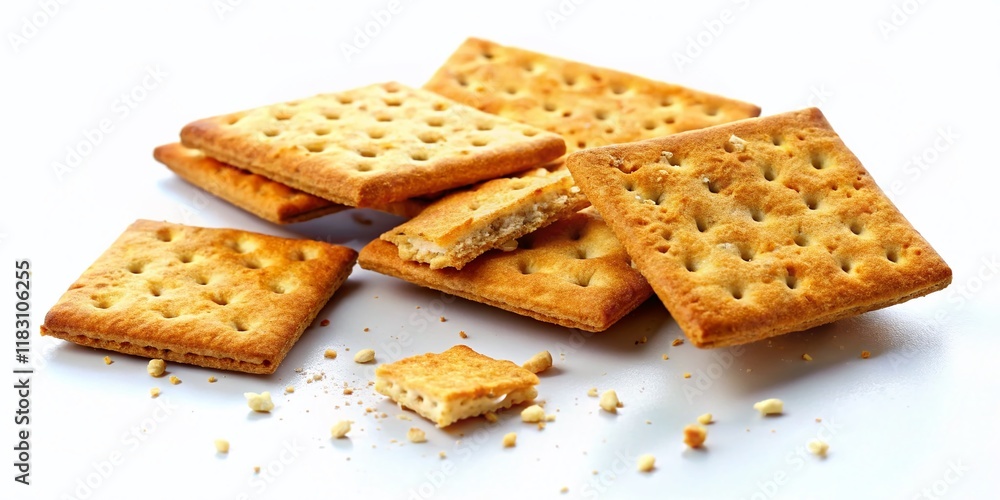 Macro Close-up of Square Crackers, Some Broken, on White Background Macro Close-up of Square Crackers, Some Broken, on White Background