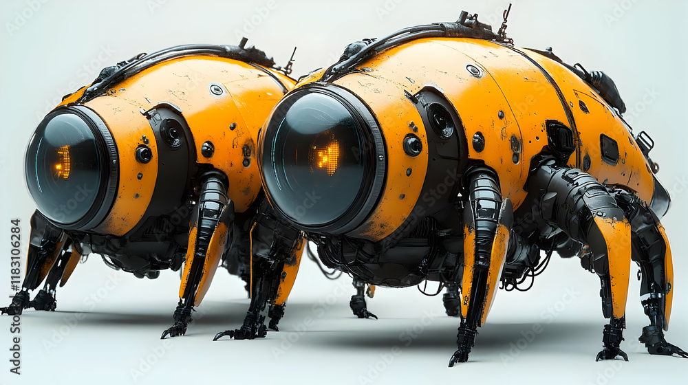 Two Futuristic 3D Rendered Robots with Black and Yellow Colors Two Futuristic 3D Rendered Robots with Black and Yellow Colors