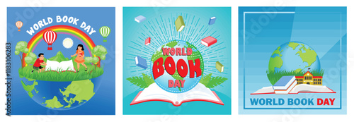 World Book Day celebration illustrations featuring education themes and vibrant designs.