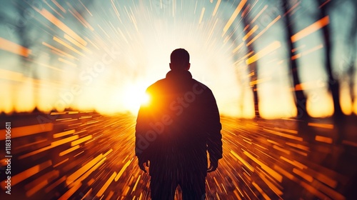 Silhouette in Radiant Sunrise with Light Streaks