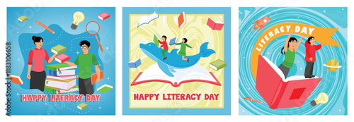 Creative Literacy Day illustrations celebrating learning and reading activities.