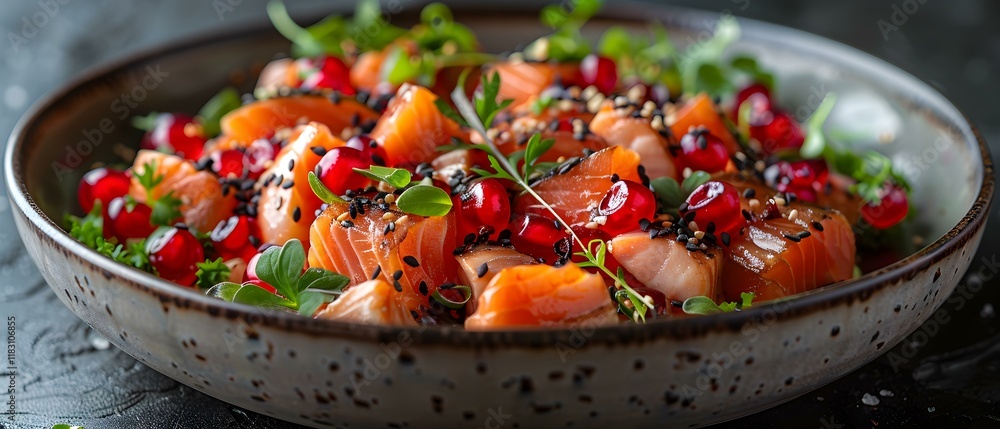 Fresh Salmon Salad with Red Berries and Herbs on a Rustic Plate Fresh Salmon Salad with Red Berries and Herbs on a Rustic Plate