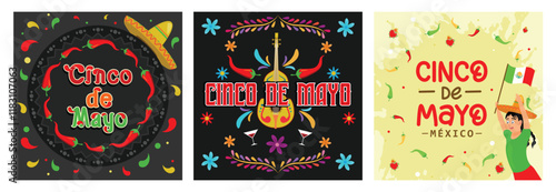 Festive Cinco de Mayo Illustrations with traditional Mexican symbols and celebratory designs.