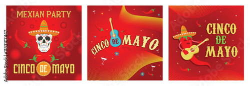 Colorful Cinco De Mayo celebration posters with festive Mexican themes.