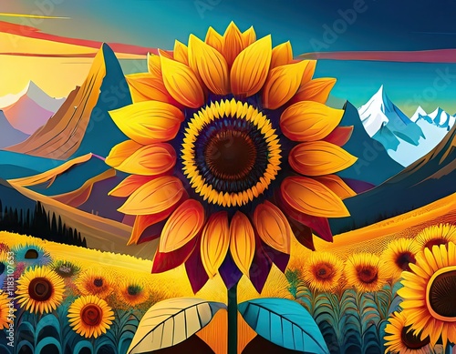 Landscape with mountains and river in abstract style with sunflowers