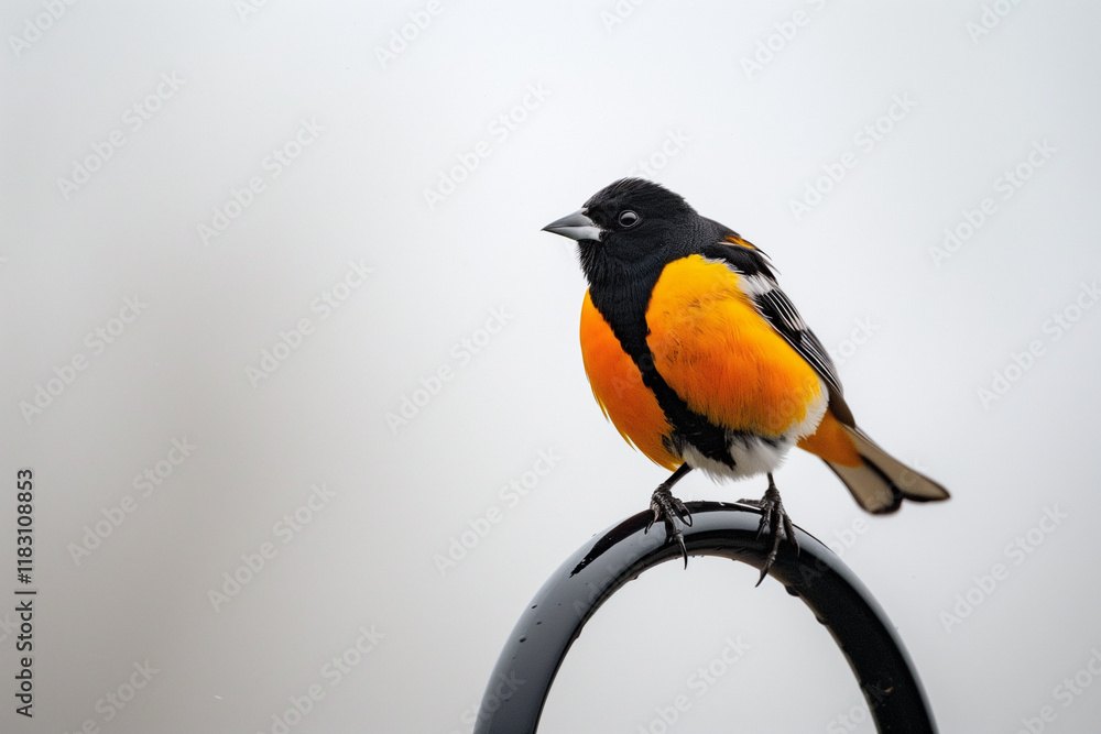 Obraz premium A close-up shot of a small bird with vibrant yellow and black plumage perched on a curved black metal rod