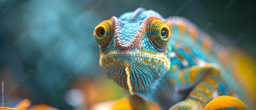 Colorful Chameleon with Vibrant Skin Patterns Resting on Bright Orange Flower Petals in Nature Setting Colorful Chameleon with Vibrant Skin Patterns Resting on Bright Orange Flower Petals in Nature Setting