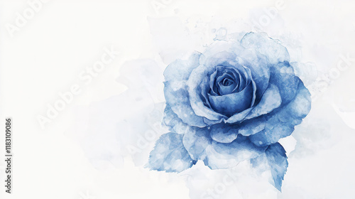 beautiful blue watercolor rose with soft petals and delicate leaves, evoking sense of tranquility and elegance