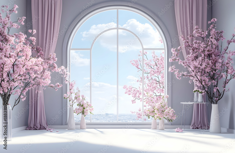 Fototapeta premium Serene Spring Room with Arch Window and Cherry Blossoms