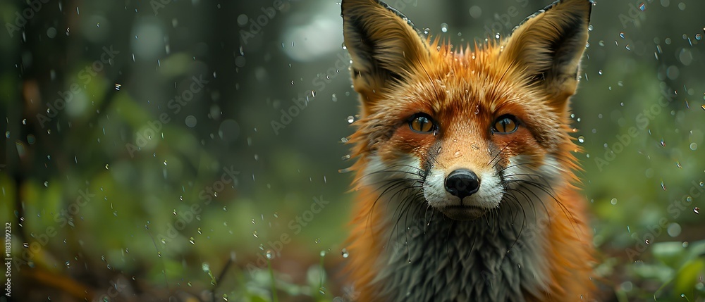Close-Up of a Red Fox with Rain Droplets on Its Fur in a Lush Forest Landscape Close-Up of a Red Fox with Rain Droplets on Its Fur in a Lush Forest Landscape
