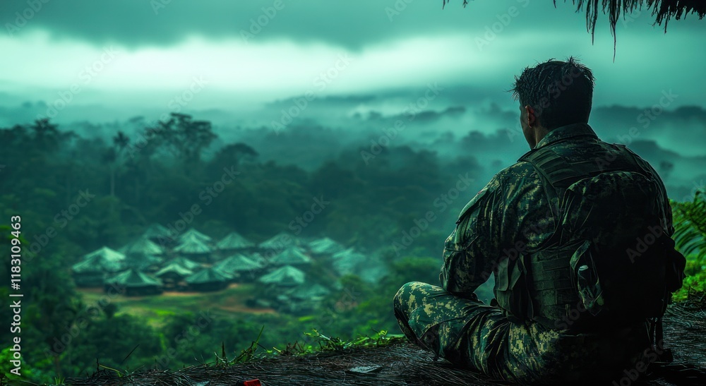 Naklejka premium Soldier overlooking a misty jungle settlement.