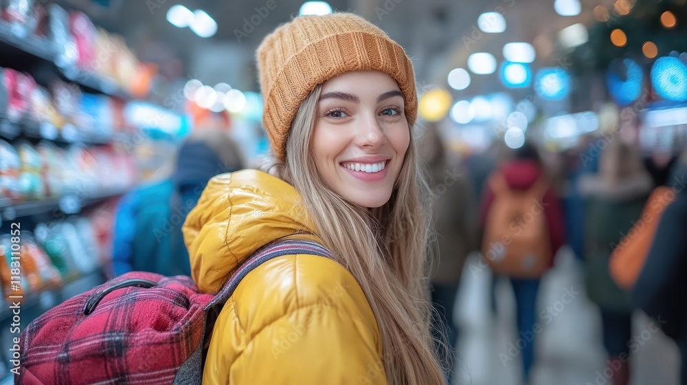 Smiling woman in a busy market aisle. Smiling woman in a busy market aisle.