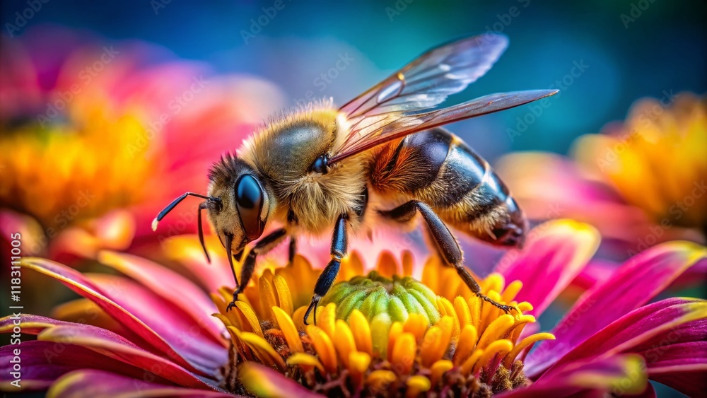 Fototapeta premium Macro Photography: Bee Hovering, Drinking Nectar from Flower