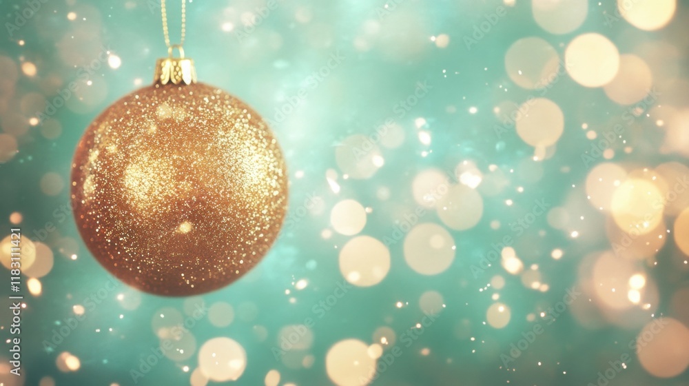 A golden Christmas bauble hangs gracefully, reflecting vibrant bokeh lights, creating a warm and joyful holiday atmosphere A golden Christmas bauble hangs gracefully, reflecting vibrant bokeh lights, creating a warm and joyful holiday atmosphere