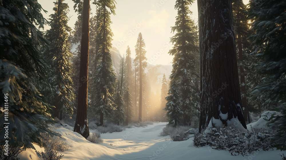 Snowy Alpine Forest in Winter with Golden Sunlight Snowy Alpine Forest in Winter with Golden Sunlight