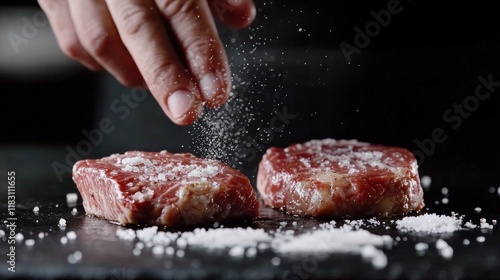 A human hand carefully seasons two Wagyu Kobe steaks with salt, enhancing their flavor before grilling.
