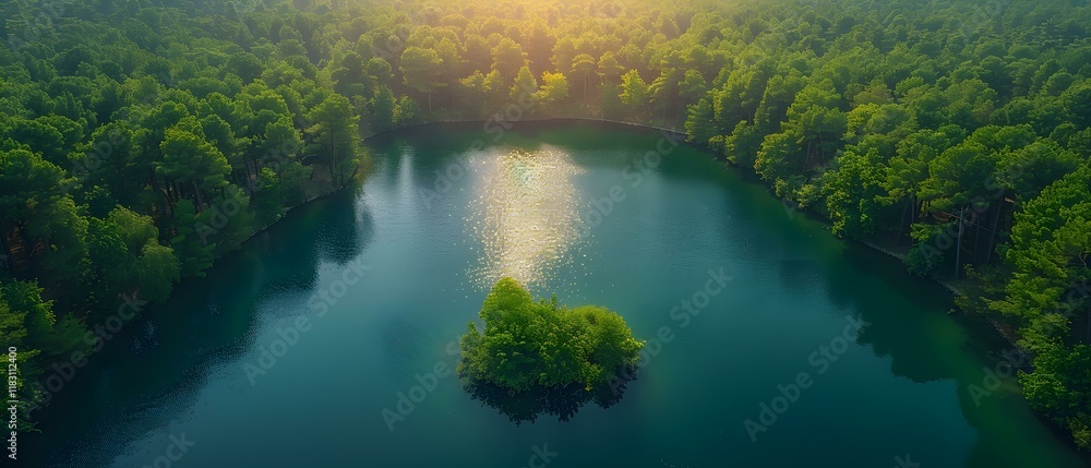 Serene Aerial View of Tranquil Lake Surrounded by Lush Green Forests Serene Aerial View of Tranquil Lake Surrounded by Lush Green Forests