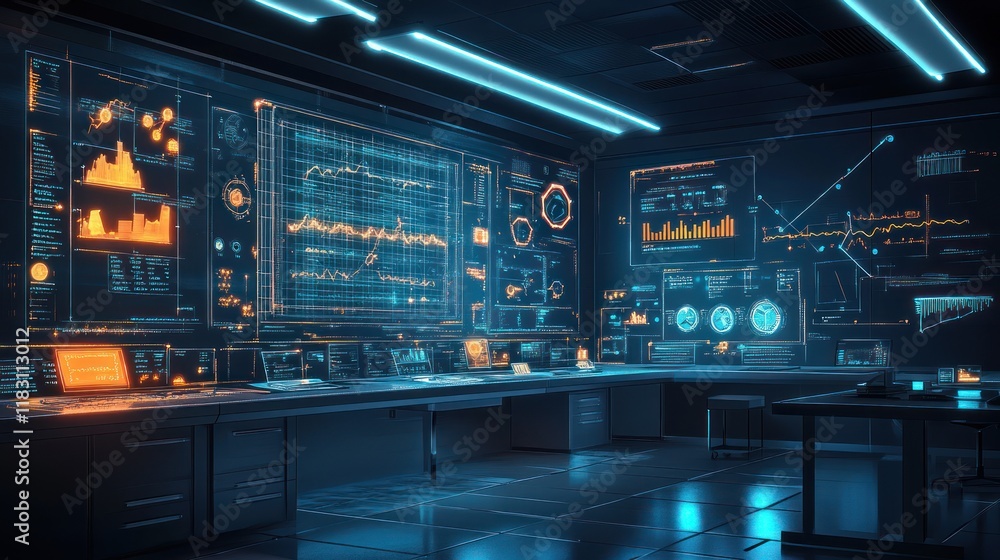 Futuristic control room with holographic displays showing data analytics. Futuristic control room with holographic displays showing data analytics.