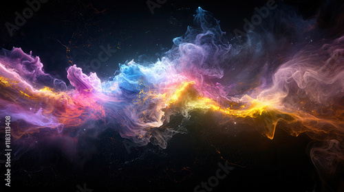 Ethereal neon hued smoke in shades of bright purple, blue, and gold creates mesmerizing visual effect photo