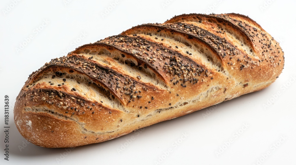 A single loaf of whole grain bread, rich in texture and detail, showcasing a golden-brown crust speckled with seeds and grains A single loaf of whole grain bread, rich in texture and detail, showcasing a golden-brown crust speckled with seeds and grains