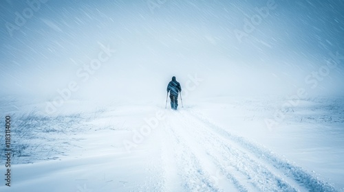 Person navigating through a snowstorm on a backcountry trail. photo