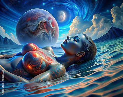 Fantastic, colorful portrait of a woman in a sea wave. Thoughts and sleep. Apollonian and Dionysian. photo