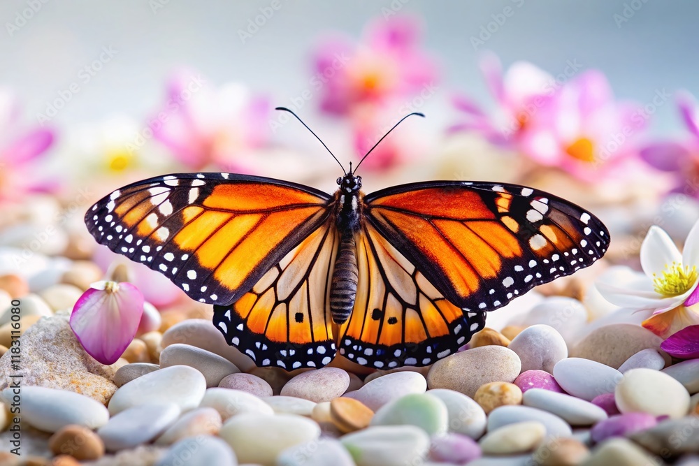 Fototapeta premium Macro Photography: Mimic Monarch Butterfly on Delicate Flowers and Stones